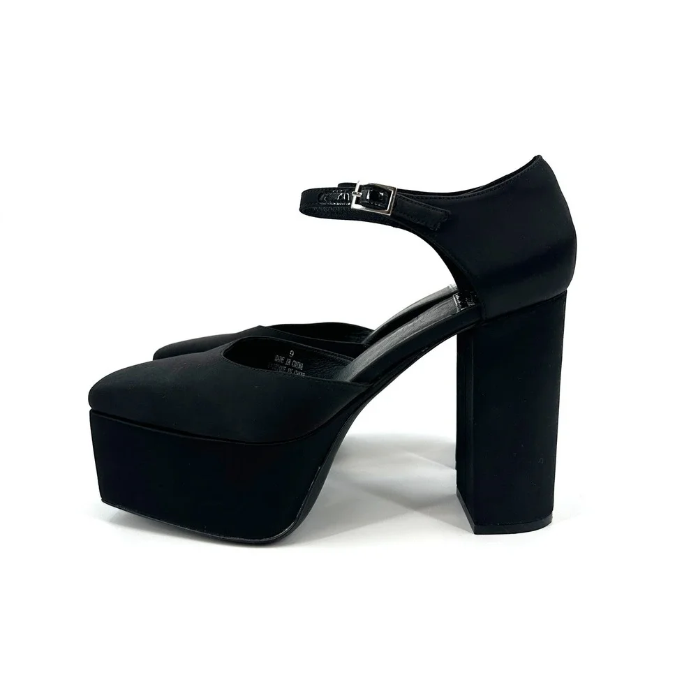 Jeffrey Campbell Over N Out Black Satin Mary Jane Platform Heels Square Toe 9